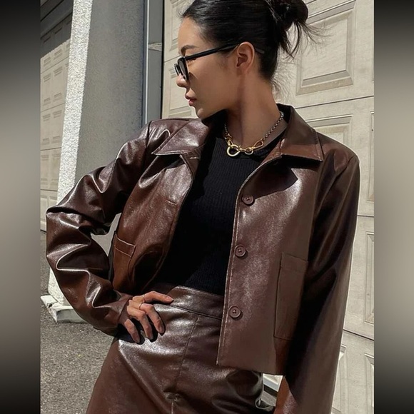 SINGLE BREAST PU CROPPED LEATHER JACKET - Picture 3 of 6